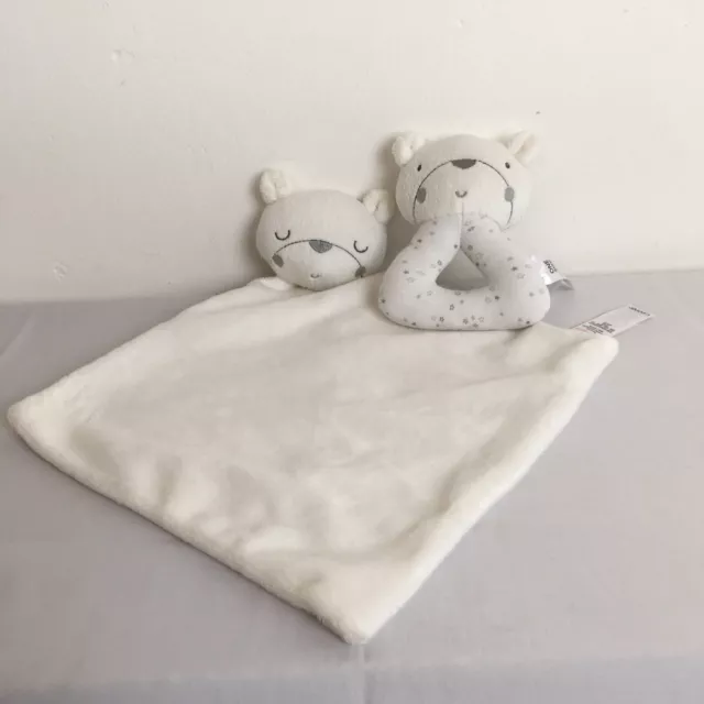 Asda George White Sleeping Bear Baby Comforter and Bear Rattle Soft Toy