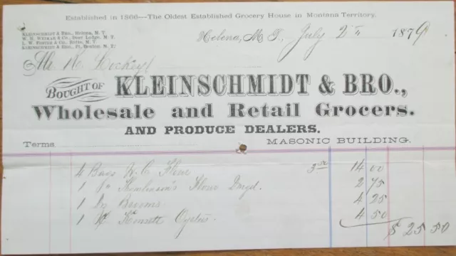 Helena, MT 1879 Letterhead: Kleinschmidt & Bro. Grocery - Montana Territory MT