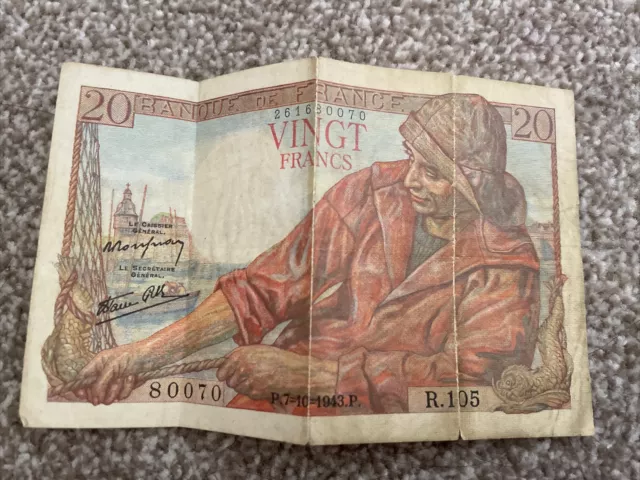 1943 France 20 Francs Bank Note Ww2