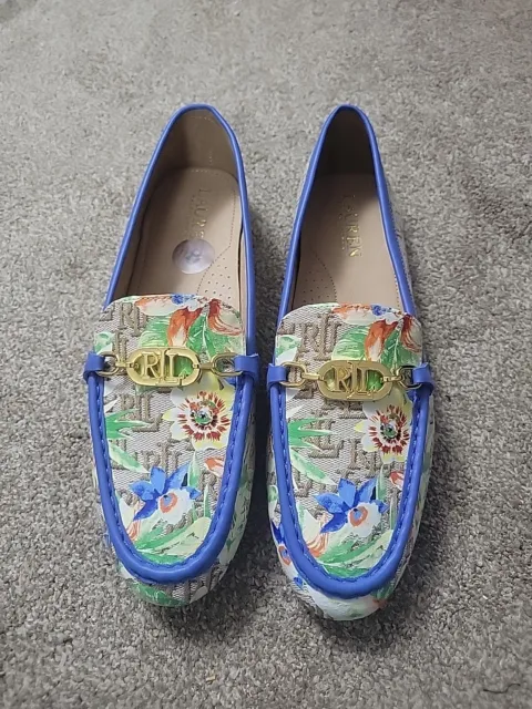 Ralph Lauren Averi II floral Monogram Jacquard Loafer New ENGLAND BLUE Size 8