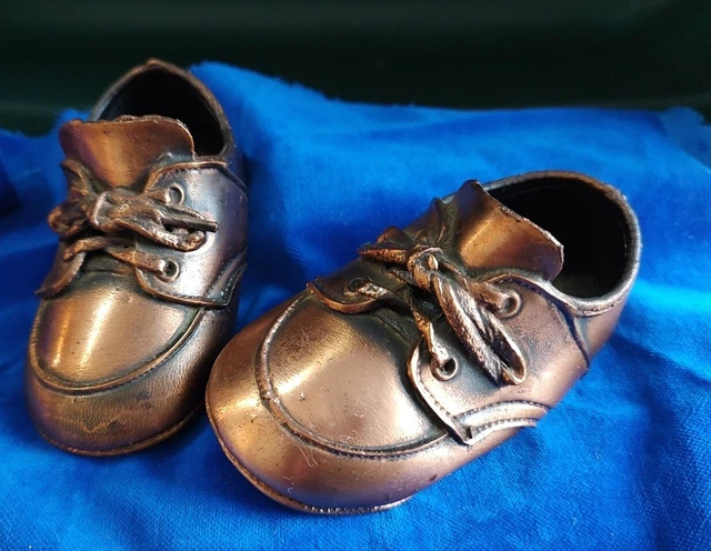 Vintage Bronzed Copper Tone Baby Shoes Mid Century Modern Nursery Decor