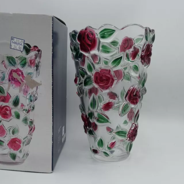 MIKASA Rose Garden Glass Vase RED Roses  9.5" Tall 6" Wide Heavy Germany NIB