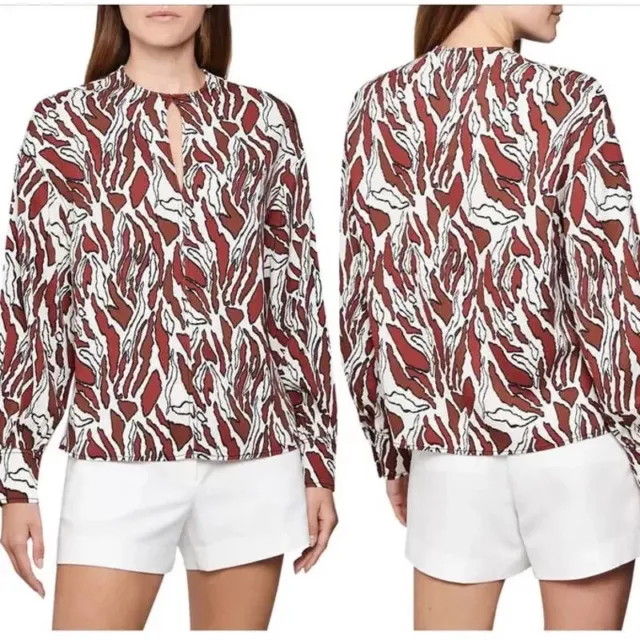 Reiss Blouse Womens 2 Brown White Alana Keyhole Long Sleeve Tiger Print new