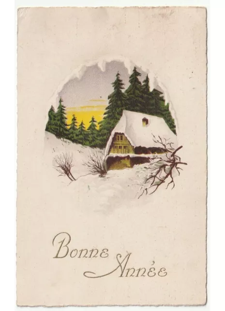 neve abeti baita di montagna antica cartolina auguri di Buon Natale Bonne Annèè