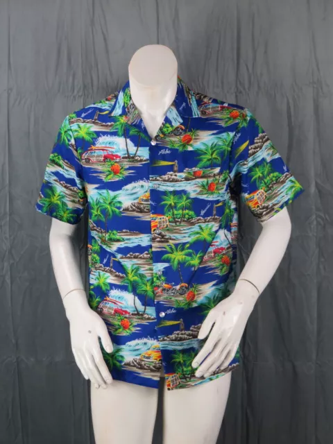 Vintage Hawaiian Shirt -  Bug Car and Motorcyle Strip Graphic by Helena - Mens S