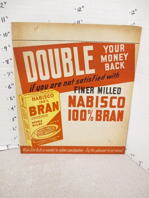 NABISCO 1940s grocery store display sign 100% BRAN cereal box constipation X