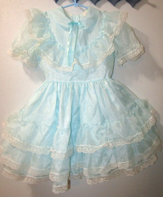 Vintage Sugar Plum Girls Pageant Party Dress Sheer Ruffle Lace Light Blue USA 10