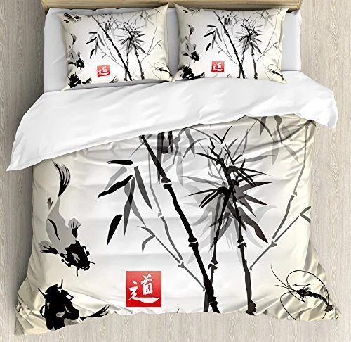 Japanese Duvet Cover Set of 2, Japanese Traditional Garden Design Wildlife
