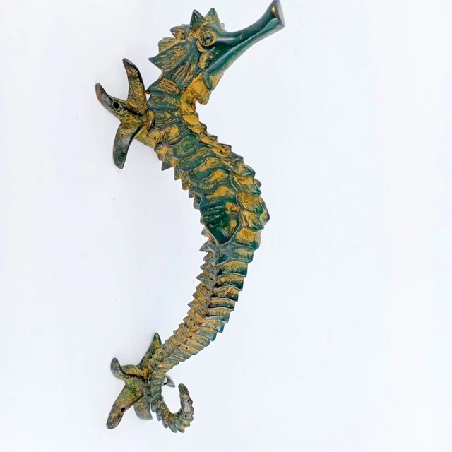 large aged SEAHORSE solid brass door old style 14” PULL handle GREEN  patina B
