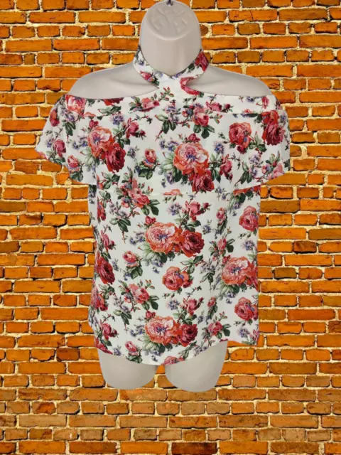 Womens Oasis Size Uk 12 M Ivory Floral Halterneck Tie Bardot Blouse Top Party