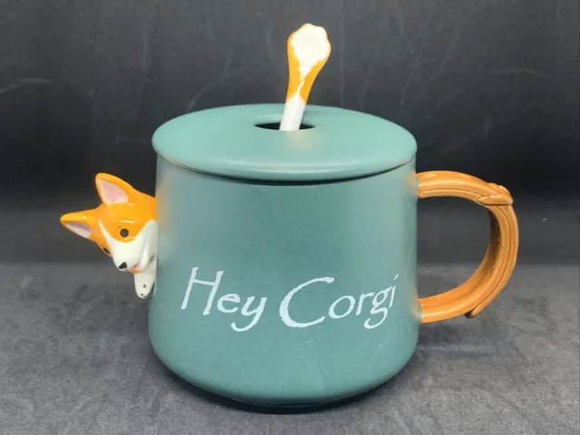 Ceramic Coffee Mug with Lid and Matching Spoon, Novelty 3D Corgi Pattern Mug