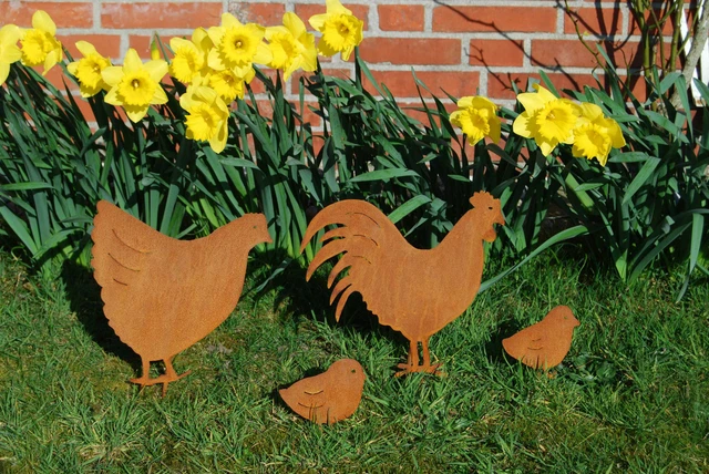 Hühnerfamilie 4-tlg Edelrost Hahn Huhn Küken Gartenstecker Metall Landhausstil