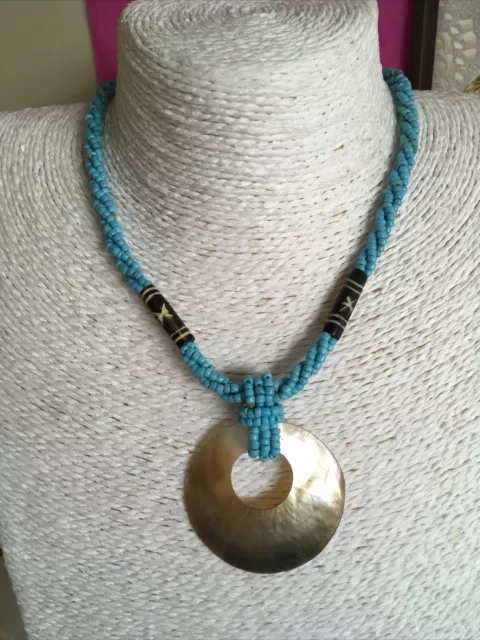 Sky blue seed bead and mother of Pearl pendant necklace