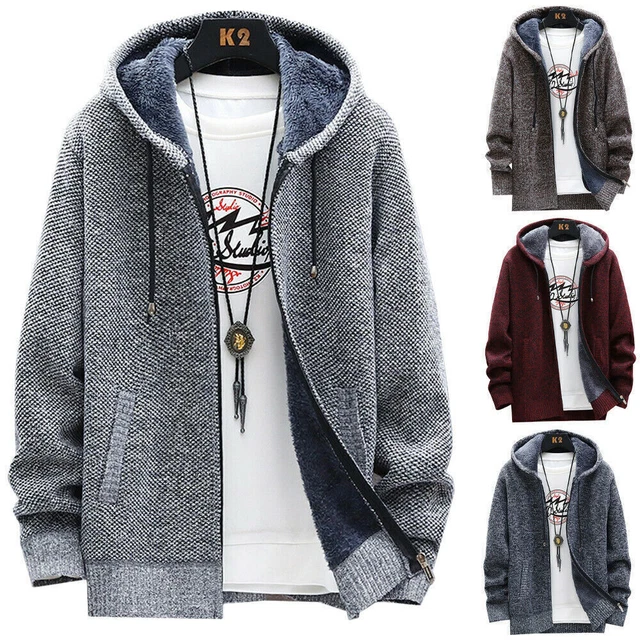 Mens Thick Fleece Fur Lined Hoodie Jacket Zip Up Thermal Sweatshirt Coat Outwear