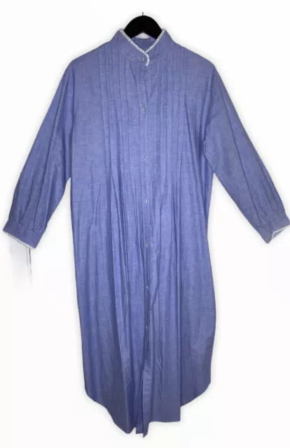 Vintage Lewis Frimel Sz M Women's Prairie Pintuck Long Cotton Nightgown Chambray
