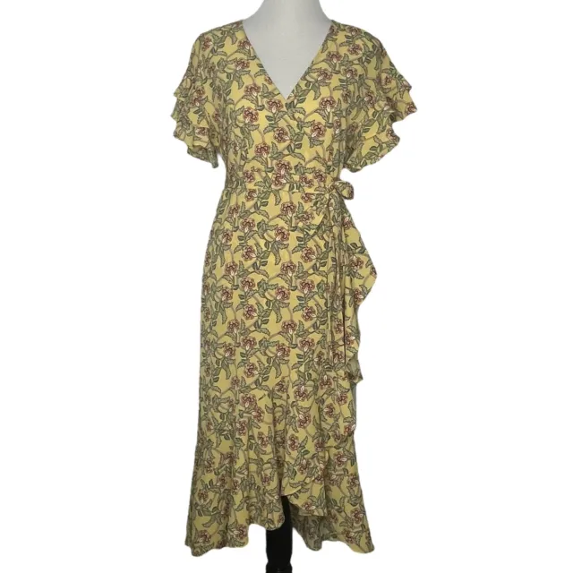 Max Studio Womens Wrap Dress Size Medium V-Neck Floral Ruffled Asymmetrical Midi