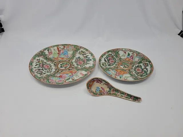 Set 3 Chinese Rose Medallion Hand Painted Porcelain Two Plates And Spoon