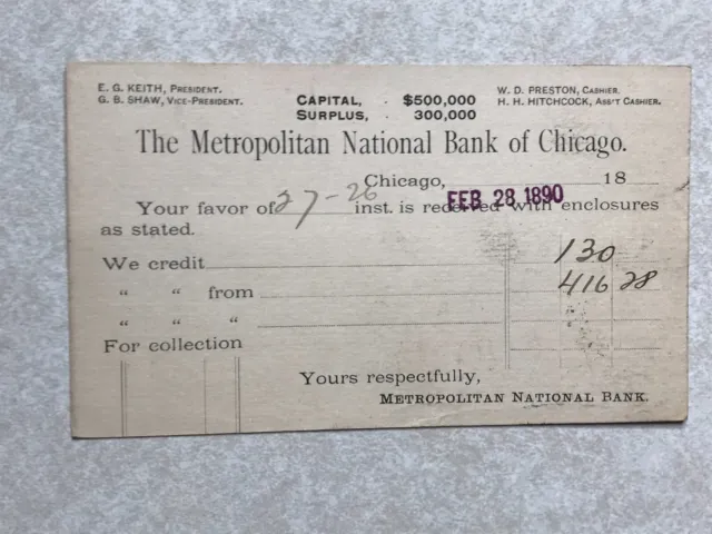 G864 Postcard Postal Card Metropolitan National Bank Chicago 1890
