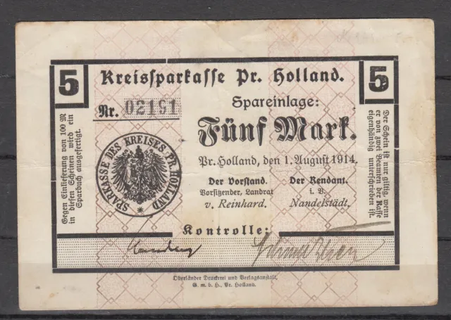 Pr. Holland - Savings Bank - 5 Mark - 01.08.1914 - Dießner 297.3b - Square Spot