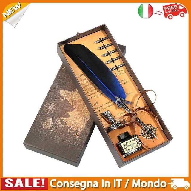 IT Retro Calligraphy Feather Dip Pen Writing Ink Quill Fountain Pen Set (Blue)