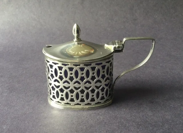 Soild Silver Mustard  Pot with  Blue Glass liner Hallmarked Birmingham 1902.
