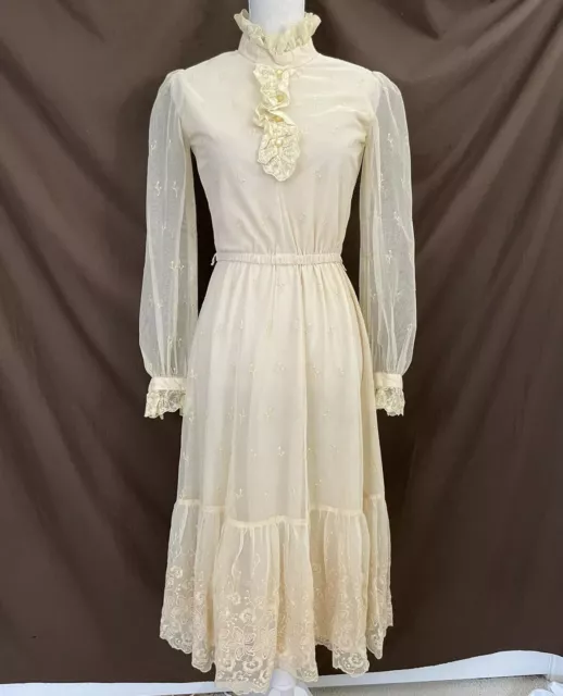 CACTUS NY Dress Beige Lace XS? Victorian Cottage Core Vintage 70s/80s