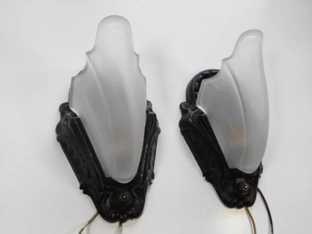 Pair of Vintage Art Deco Metal & Frosted Glass Wall Mount Sconce Light Fixtures