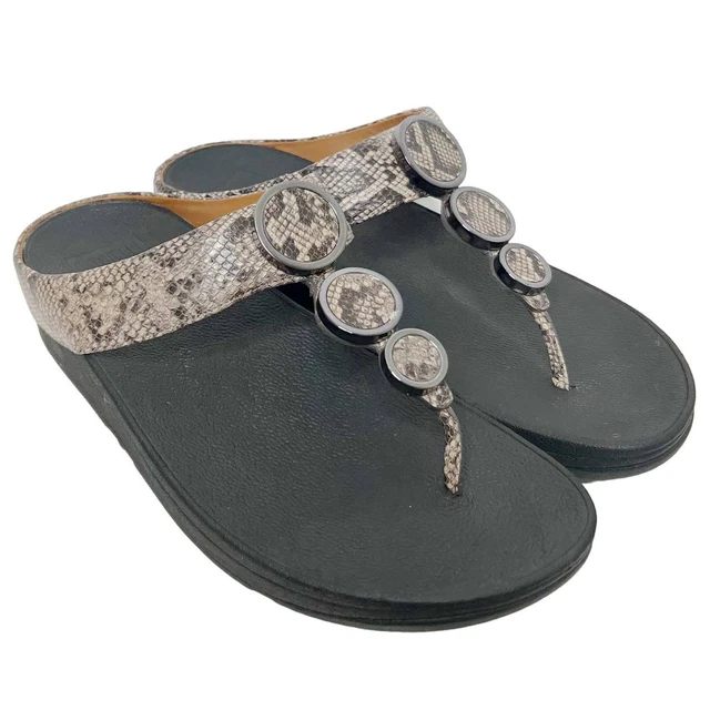 Fitflop Sz 8 Halo Python Snakeskin T-Strap Slip On Sandals Beige Black