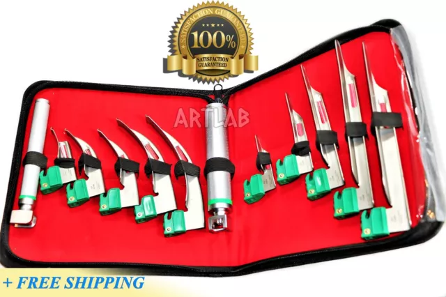 New! German Fiberoptic Laryngoscope Set Mac+Mil 12Pcs Intubation Blades + Handle