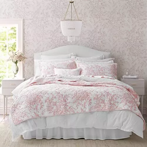 Laura Ashley - King Quilt Set, Reversible Cotton Bedding with Matching Shams,...