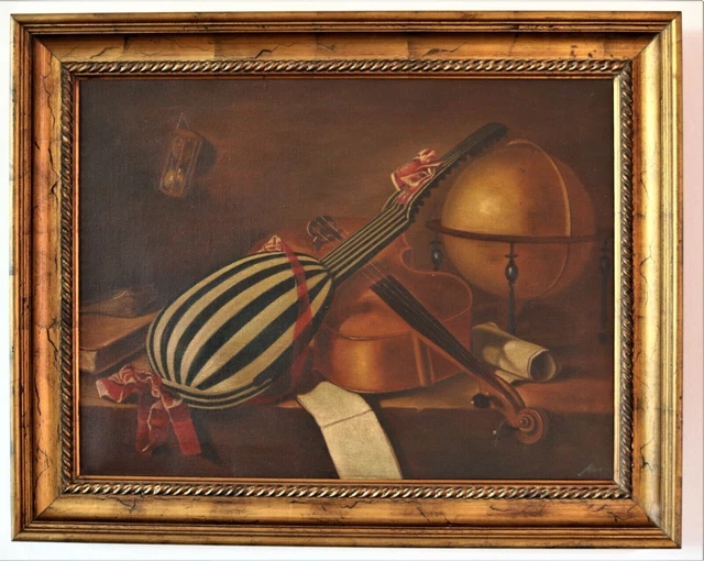 Pintura Al Óleo Sobre Lienzo "Bodegón Con Instrumentos Musicales"