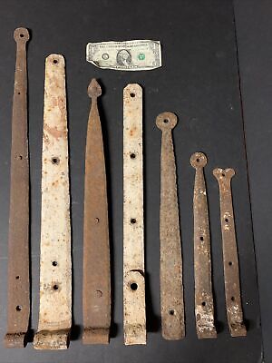 Antique Hand Forged Iron Barn Door Strap Hinges Lot of 7 from 24 1/4" to 11 3/4"