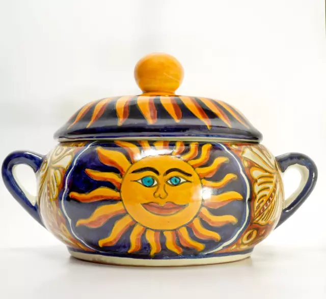 Mexican Pottery Covered Casserole Whimsical Sun Face Hand Painted Talavera