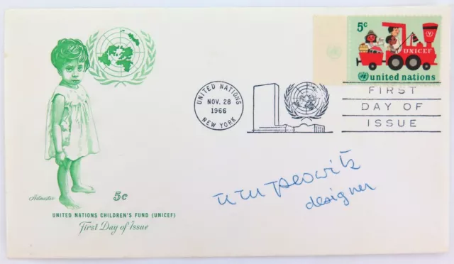 .1966 UNITED NATIONS FDC UNICEF CACHET signed by DESIGNER of 5c STAMP.