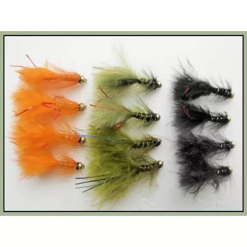 Trout Flies, 12 pack GoldHead Flash Damsels, Black, Olive, Orange, Fishing Flies