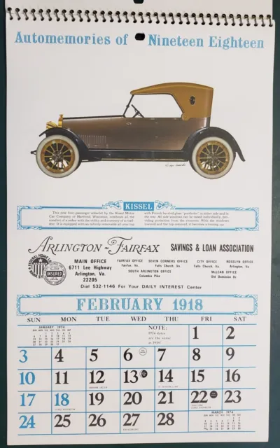 Vintage 1918 1974 Antique Car Wall Calendar Arlington, Fairfax Virginia Auto NOS 2