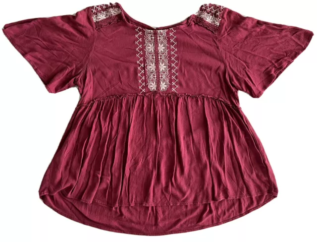 Knox Rose Women’s SZ L Dark Red Boho Peasant Crochet Flutter Short Sleeve Top