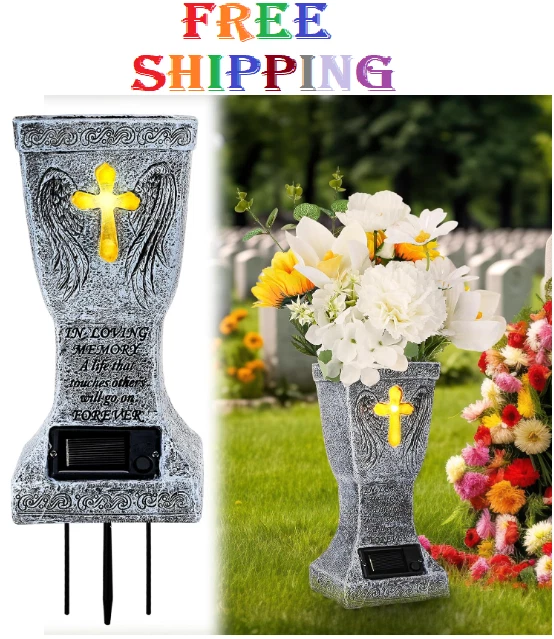 SOLAR CEMETERY GRAVE Vase with LED for Fresh Artificial Flowers