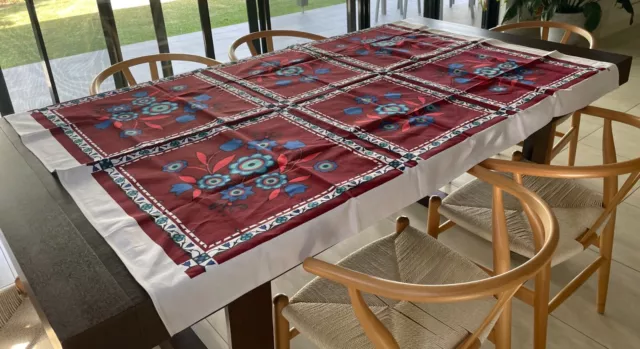 Vintage 1960'S Cotton Table Cloth Maroon Retro Floral Print  127 x 172cm