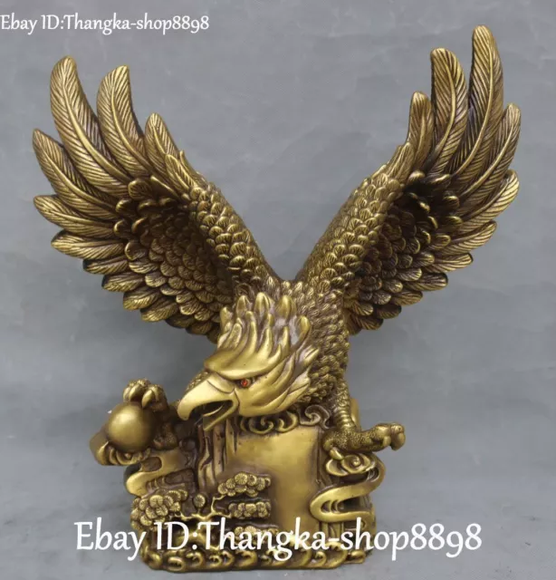 15" China Pure Bronze Carving Plum Blossom Eagle Hawk Bird Wings Ball Statue