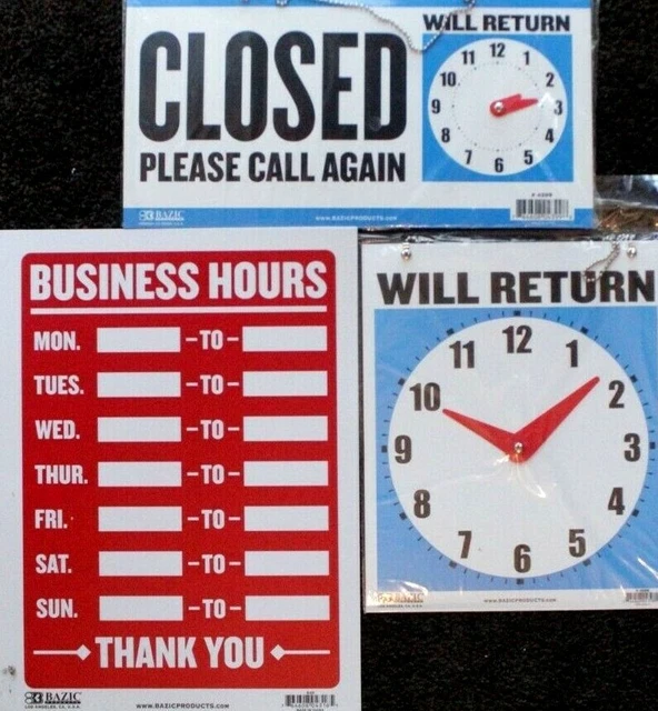 BUSINESS HOURS SIGN Clock Face Plastic Door Shop Store Opening Times