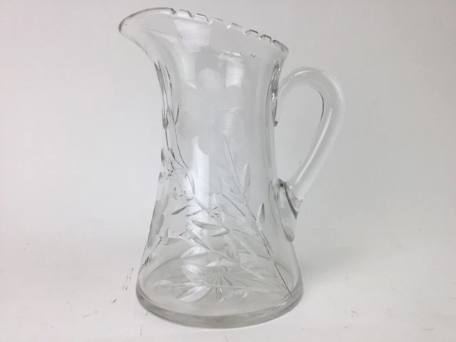 American Brilliant Period Cut Glass Pitcher Etched Flowers & Cut Leaf Design 8.5