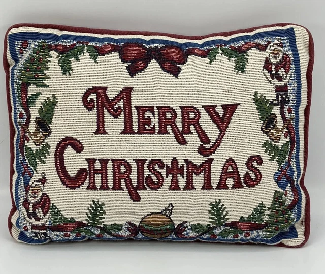 Tapiz ""Feliz Navidad"" de 12"" x 9"" almohada de acento punta de aguja árbol de Santa Claus vintage