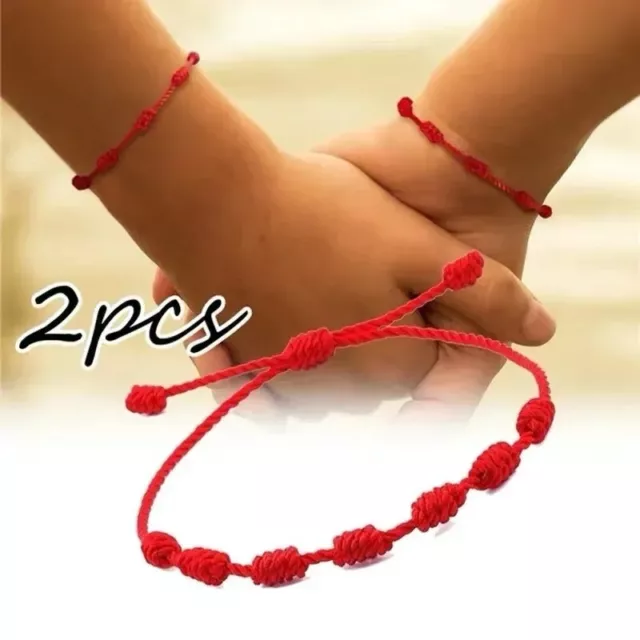 (2 PACK) 7 Knots Rope Buddhistic Lucky Red String Amulet Bracelet Kabbalah Gift.