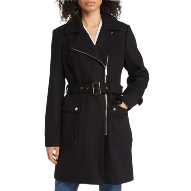 NWT $375 Michael Kors Wool Blend Asymmetric Zip Longline Coat Black Size Small