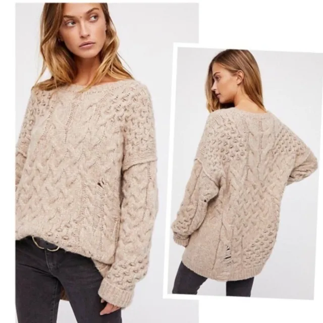 FREE PEOPLE WOMEN Sweater XS Alpaca Wool Oversized Distressed Cable ...