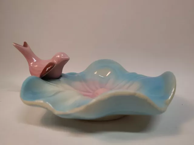 MCM Vintage Pink Bird on a Blue Flower Trinket Dish Ceramic Old
