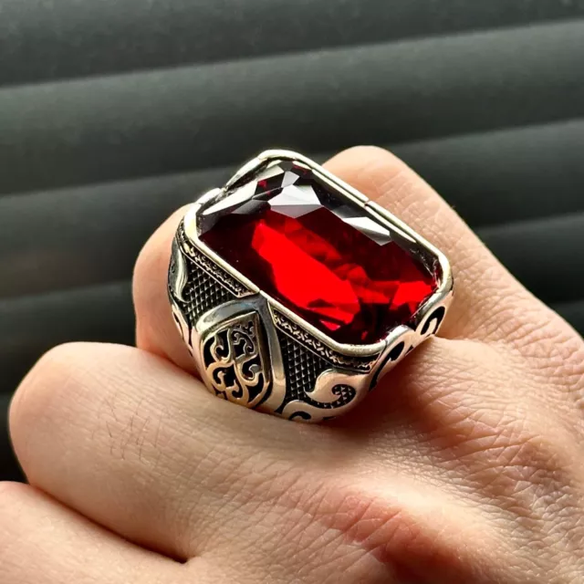 Man Handmade Large Ruby Ring  Ottoman Style Square Ring , Big Red Stone Ring