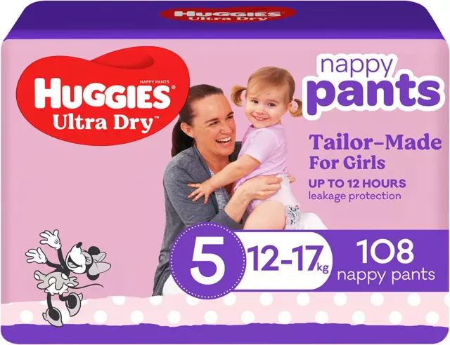 Huggies Ultra Dry Nappy Pants Girls Size 5 (12-17Kg) 108 Count (2 X 54 Pack) - P