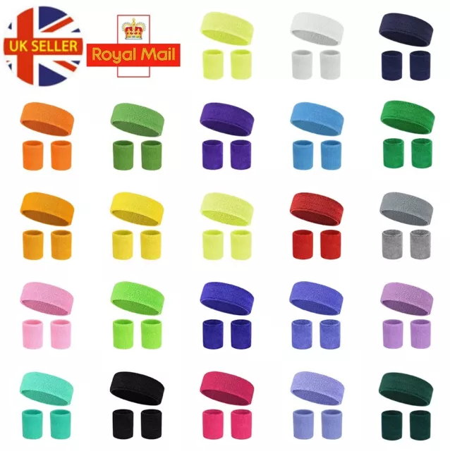 Unisex Adults Sports Towelling Sweatband 1 Headband & 2 Wristbands Set Gym Wrist